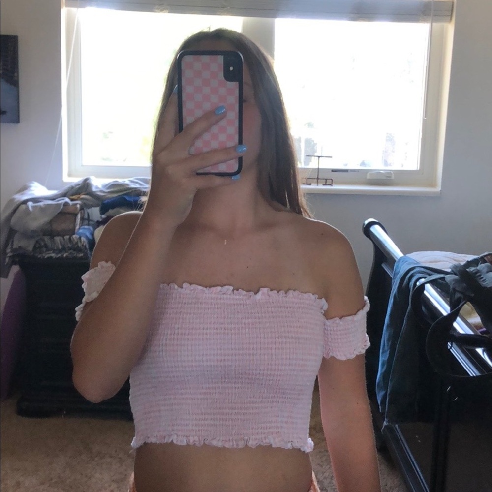 off the shoulder pink cropped top